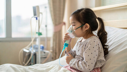 Sick little asian girl inhalation with nebulizer for respiratory treatment,clinic, make well, toddler, pneumonia, nasal, asian, young, care
