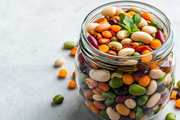 Vibrant high-fiber legumes jar kitchen table close-up photography soft morning light emphasizing texture and color