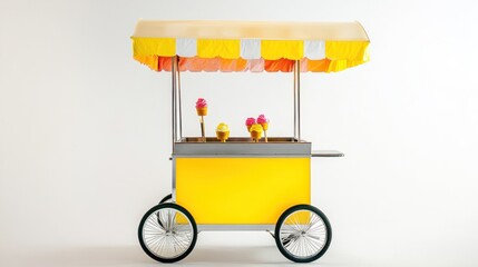 Yellow ice cream cart with colorful awning, studio shot