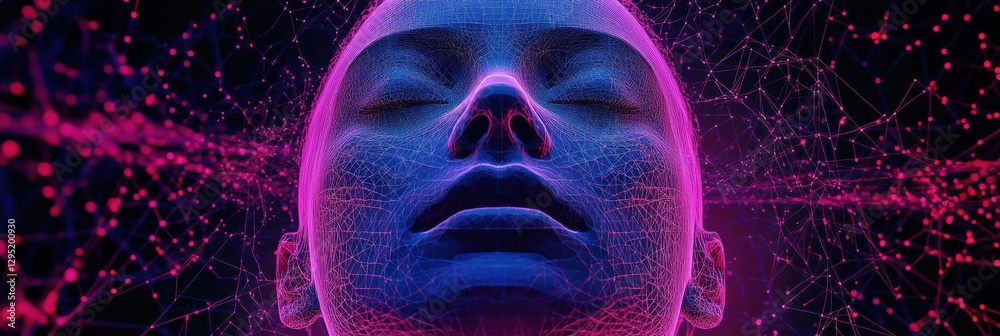 Leinwandbilder human head silhouette filled with glowing ai nodes and fractal patterns in cosmic cyberpunk setting.