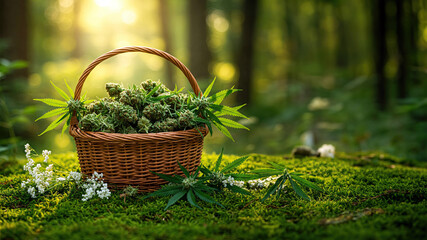 A whimsical Easter basket rests on vibrant grass, filled with colorful eggs and cannabis buds. The scene blends holiday cheer with natural elements.
