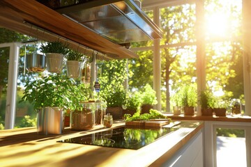 Cooking with fresh herbs in a lively kitchen brightly illuminated by overhead light culinary preparation scene inviting atmosphere