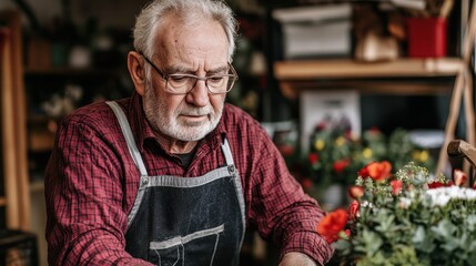 Senior Florist Arranging Flowers in his Shop