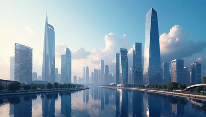 Fototapeta premium Futuristic cityscape with glass skyscrapers and reflective surfaces, high-rise, urban