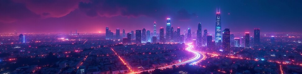 Obraz premium Futuristic city skyline with glowing neon lights, skyscrapers, technology