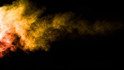 Isolated orange fog or smoke effect on black background and orange smoke. Orange clouds, fog or smoke, background. Abstract black and orange smoke, steam moves on a black background. Fog texture. 
