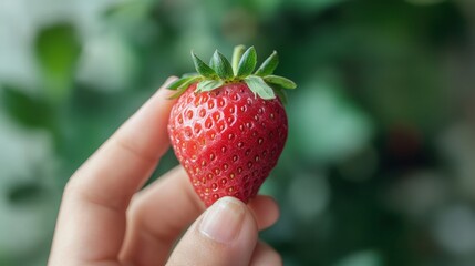 Obraz premium A hand holding a plump strawberry, with a bite taken out
