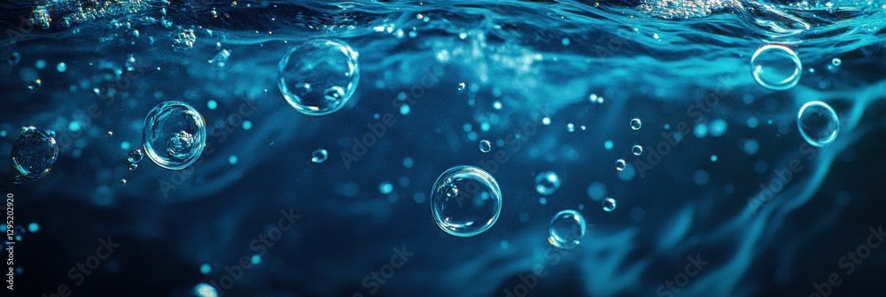Poster glowing gas bubbles rising through clear blue water create a mesmerizing underwater display in a tra