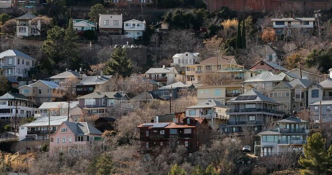 Late afternoon winter view of historic late Victorian era architecture in downtown Jerome, Arizona, USA.