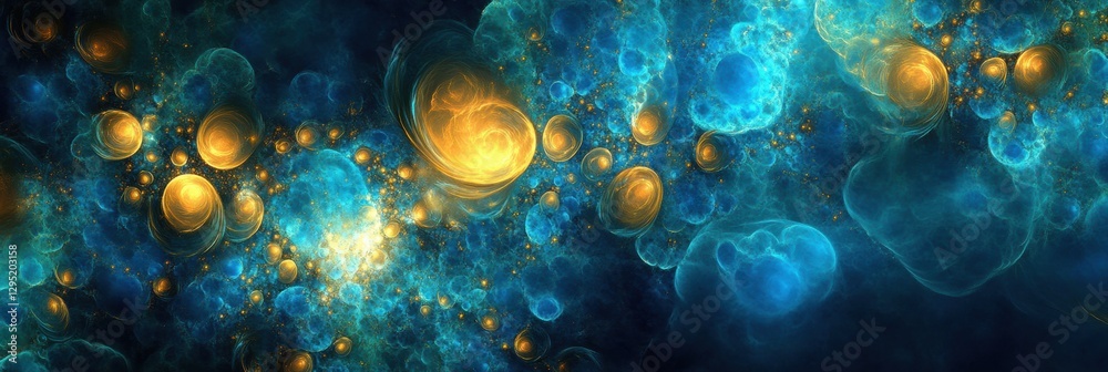 Poster glowing gas bubbles create a mesmerizing underwater spectacle in vibrant hues of blue and gold. gene