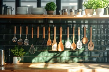Vibrant green kitchen utensils hanging in a sunlit space frontal shot home decor warm afternoon light