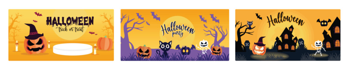 Halloween party at night with cats, pumpkins and bats.