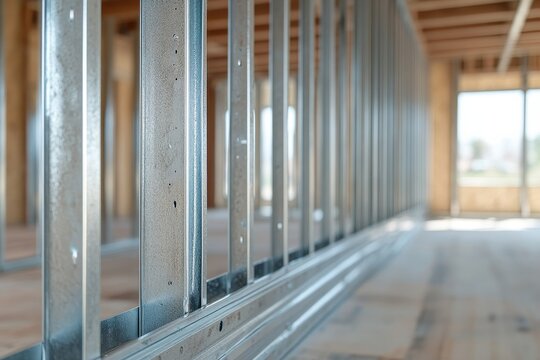 Close-up of metallic studs framing a wall. Ideal for construction, renovation, or DIY projects.