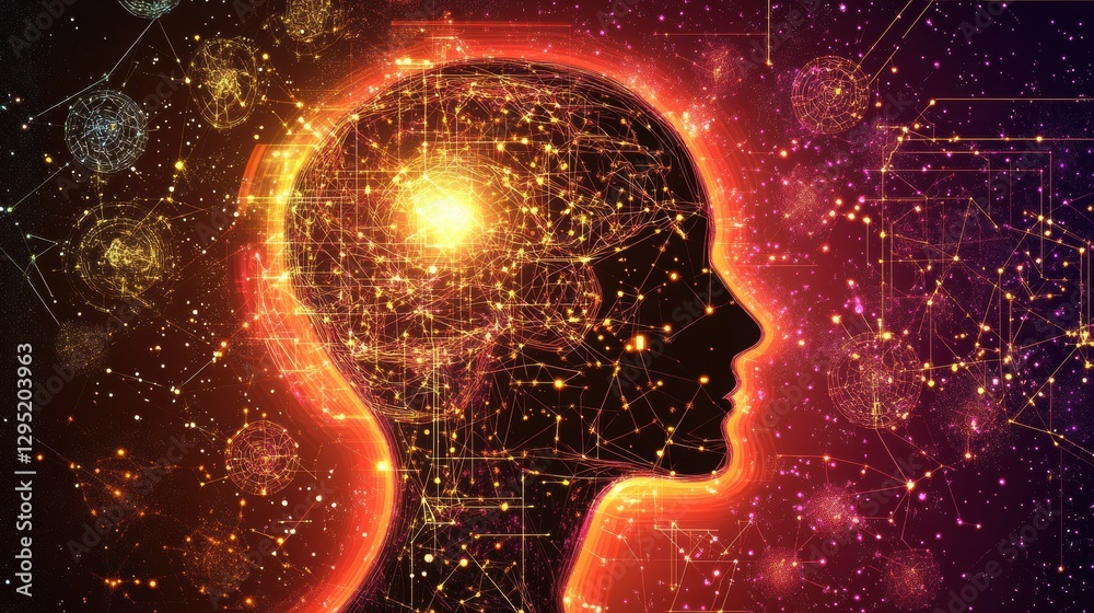 Leinwandbilder human head silhouette glowing with interconnected ai nodes and fractal patterns in a cosmic cyberpun