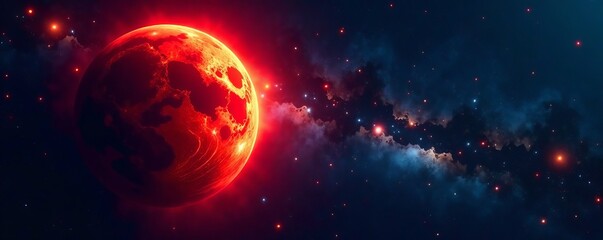 Fiery red planet against starry space backdrop, outer, cosmic