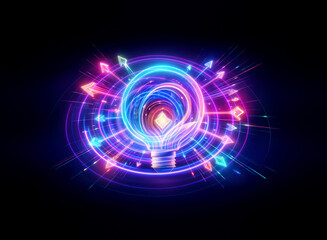 Abstract artwork featuring a vibrant, glowing orb at the center, exhibiting a double exposure effect. Neon lights swirl creating dynamic, futuristic shapes on a dark backdrop.