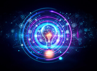 Fototapeta premium A glowing light bulb emits bright light surrounded by circles and network lines on a dark backdrop with double exposure effect.