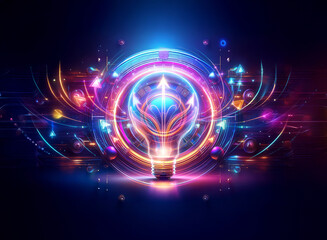 Obraz premium Vibrant double exposure abstract art. Neon lightbulb design with glowing circles, abstract and futuristic. Colorful and dynamic energetic design.