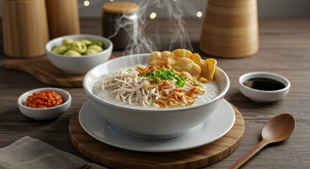 Steaming Chicken Porridge with Toppings and Condiments in Bowl