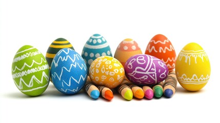 Obraz premium Colorful Easter eggs and various crayons on a bright background symbolize creativity and festive fun, suitable for spring decoration, Easter celebrations, educational games, and holiday themes.