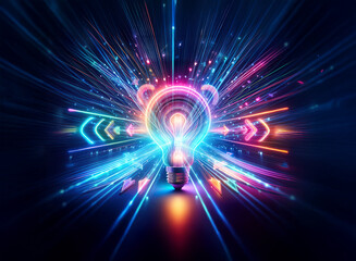 A vibrant double exposure image featuring a glowing light bulb surrounded by neon streaks and abstract light rays against a dark backdrop.