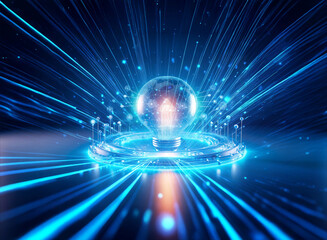 Double exposure of a glowing sphere emitting radiant light beams, surrounded by digital streaks, creating a futuristic and energetic visual.