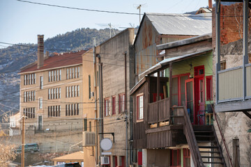 Late afternoon winter view of historic late Victorian era architecture in downtown Jerome, Arizona, USA.