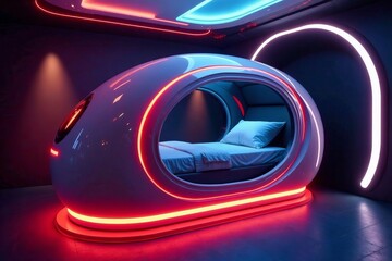 Futuristic stasis pod with glowing lights in a dark room, capsule, medical