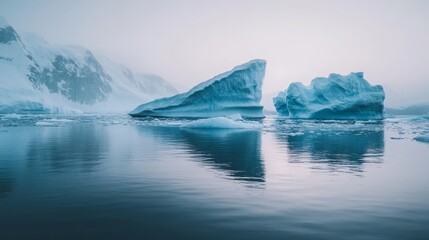 large icebergs floating in the ocean. 
