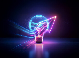 A neon light bulb double exposure illuminates a handshake and upward arrow, symbolizing bright ideas and growth against a dark backdrop.