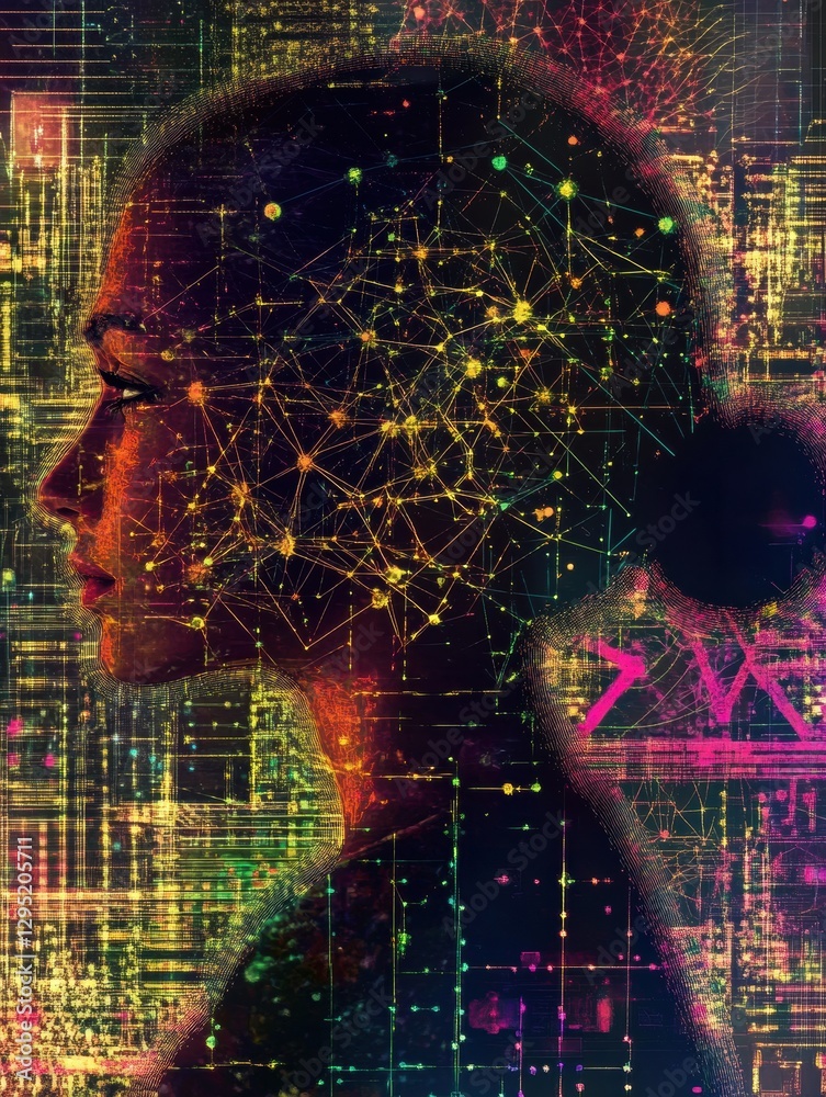 Poster human head silhouette filled with glowing ai nodes in a cosmic cyberpunk background showcasing digit