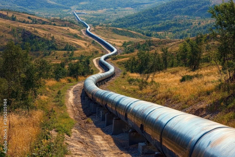 Aufkleber long metallic gas pipelines stretch into the distance over rolling hills under a clear sky. generati