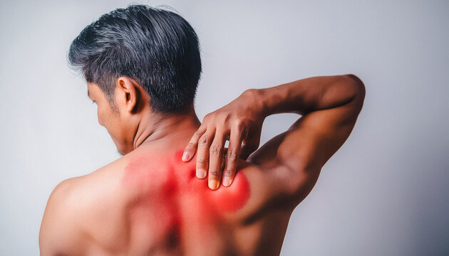 Young asian man itching and scratching on his back from allergic itchy dry skin eczema dermatitis insect bites