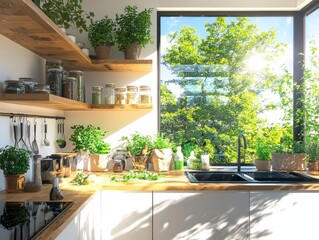 Ecofriendly practices in a sunny kitchen natural light overhead view of herbs and homemade cleaners for sustainable living