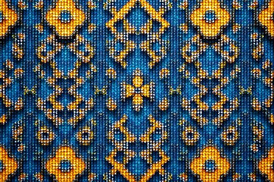 Geometric Hmong pattern with blue and yellow accents, yellow, geometric