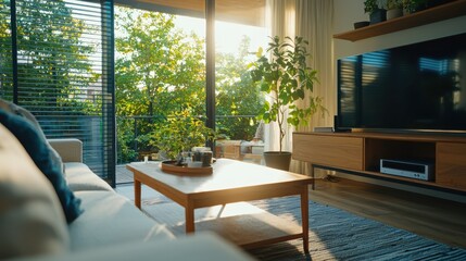 Fototapeta premium Upcycling ideas displayed in a cozy living room ambient light furniture and decor showcase natural environment closeup view creative concept