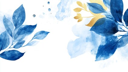 Watercolor blue and gold leaves on white background