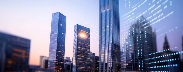 Modern cityscape skyline at twilight with digital overlay