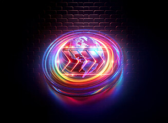 Obraz premium Vibrant neon globe and arrows with a double exposure effect create a dynamic abstract design. Light trails and bright colors glow against a dark brick textured backdrop.