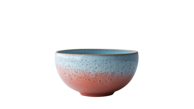 Empty ceramic bowl with blue and pink glaze on transparent background