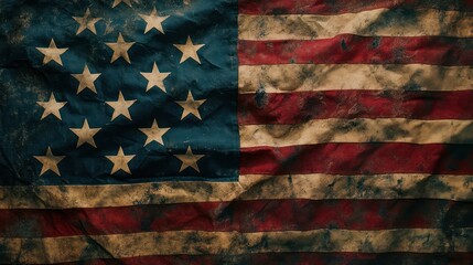 Worn American flag, grunge texture, patriotic background, historical context