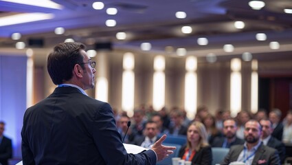 Speaker giving a talk at a corporate business conference. Audience in auditorium hall with presenter in front of presentation screen. Corporate executive giving speech during entrepreneur seminar