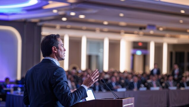 Speaker giving a talk at a corporate business conference. Audience in auditorium hall with presenter in front of presentation screen. Corporate executive giving speech during entrepreneur seminar