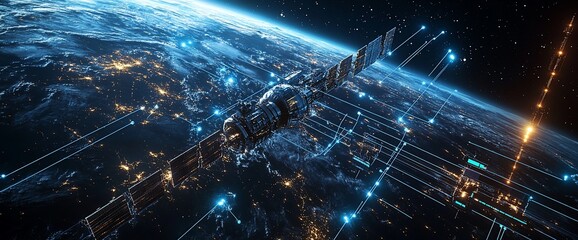 Futuristic satellite transmitting data signals above planet earth with glowing city lights