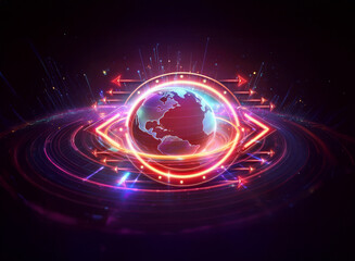Obraz premium Double exposure art featuring a vibrant globe within neon circles and arrows, illuminated on a dark backdrop, suggesting global connectivity.