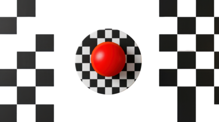 Red sphere resting on checkered circular platform with transparent background