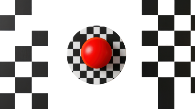 Red sphere resting on checkered circular platform with transparent background