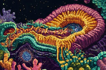 Obraz premium Intergalactic Tissue Engineering Pixel Art Showcases Futuristic Biotech Visuals