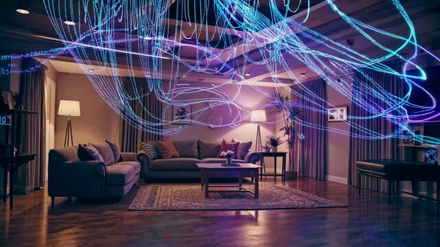 A living room with neon blue light trails creating a futuristic vibe. Shot from a low angle, the video captures a dynamic, immersive atmosphere.