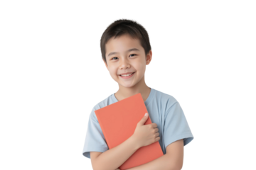 Portrait of a young school concept. Smiling boy holding a notebook, dressed in a light blue shirt,  isolated on transparent background.